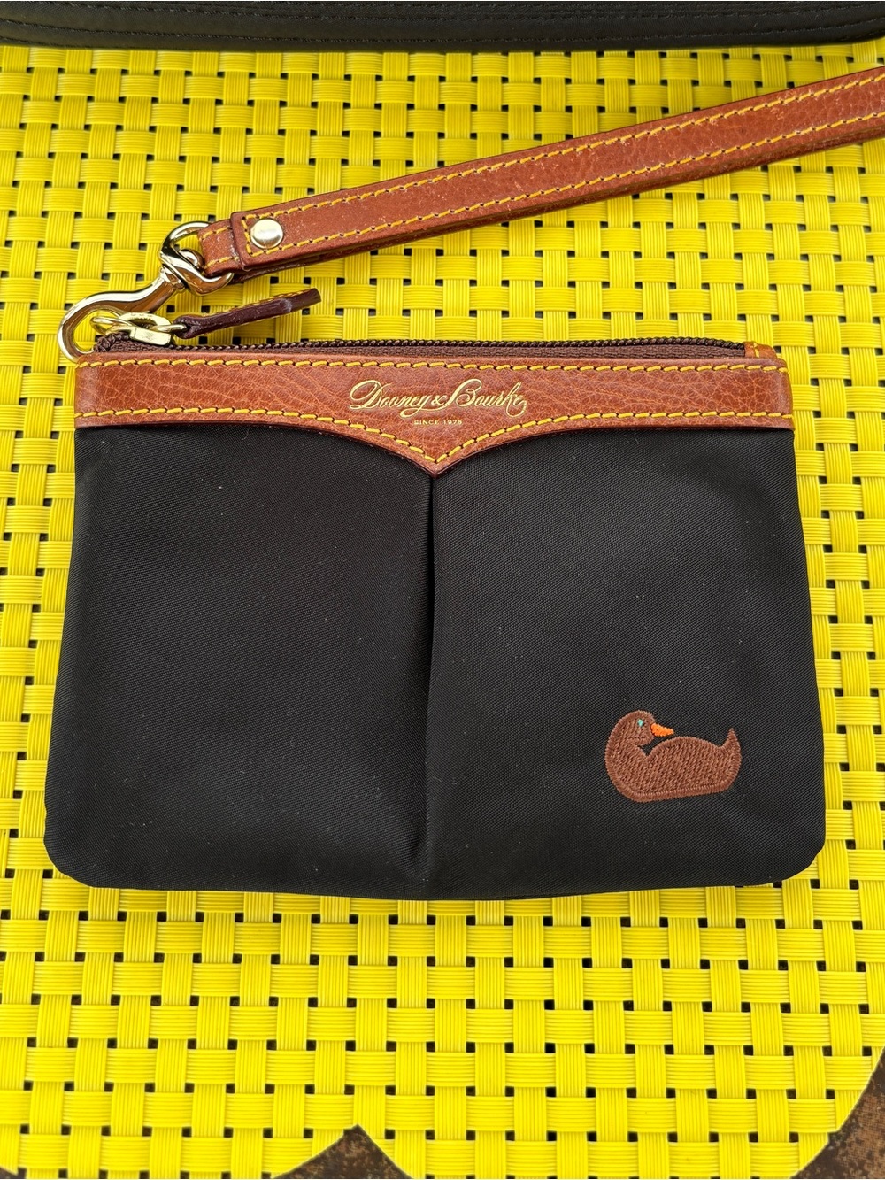 Dooney & Bourke Black Nylon Wristlet with Brown Leather Trim